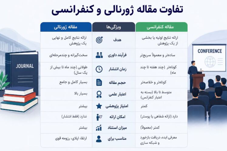 تفاوت مقاله ژورنالی و کنفرانسی | مقایسه کامل اعتبار، داوری، اپلای و رزومه